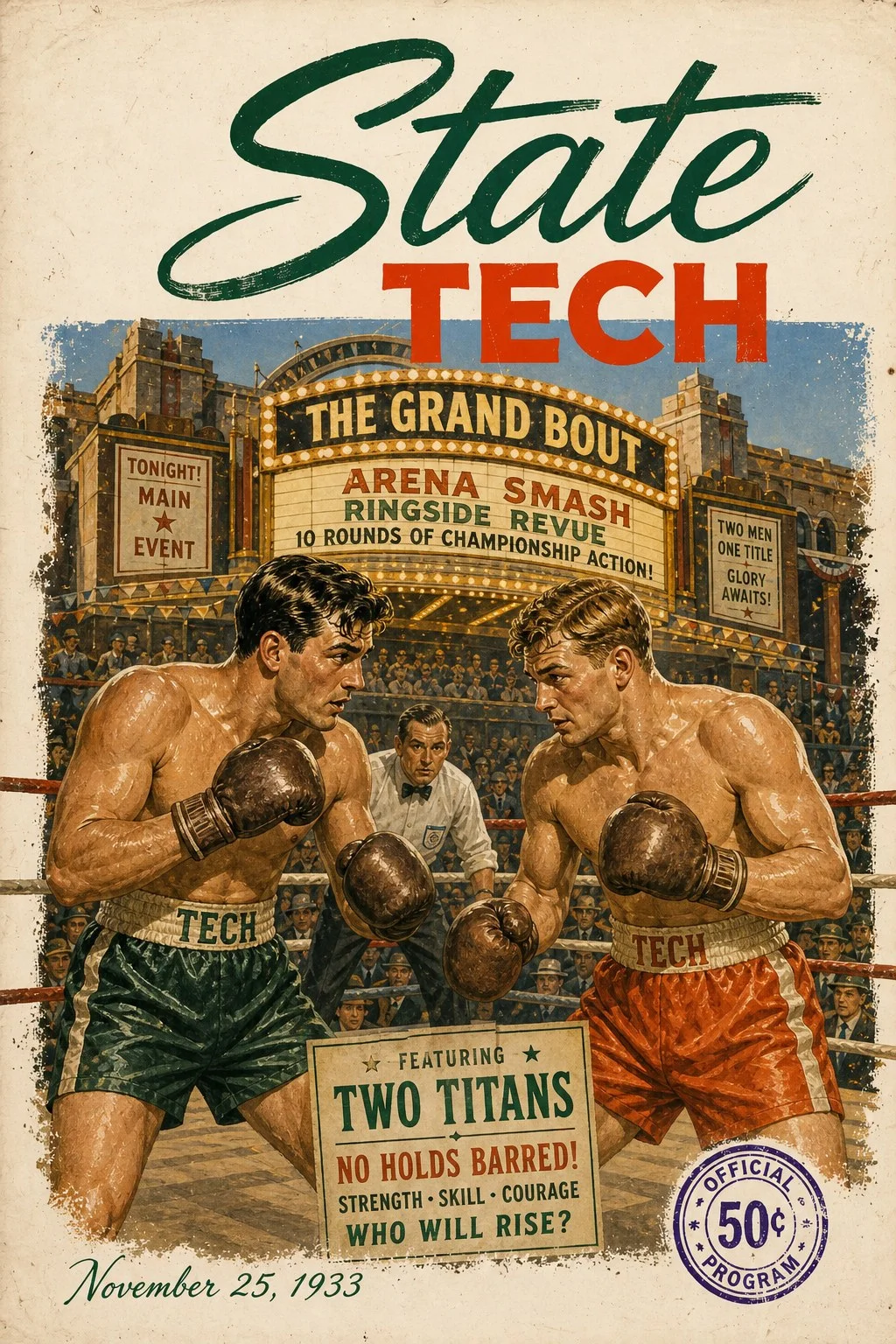 Cartel vintage de un programa de boxeo de los años 30 generado con IA por Muse Video