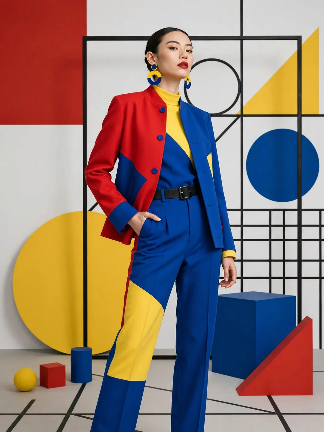 Editorial de moda con IA de Muse Image en llamativos colores primarios geométricos