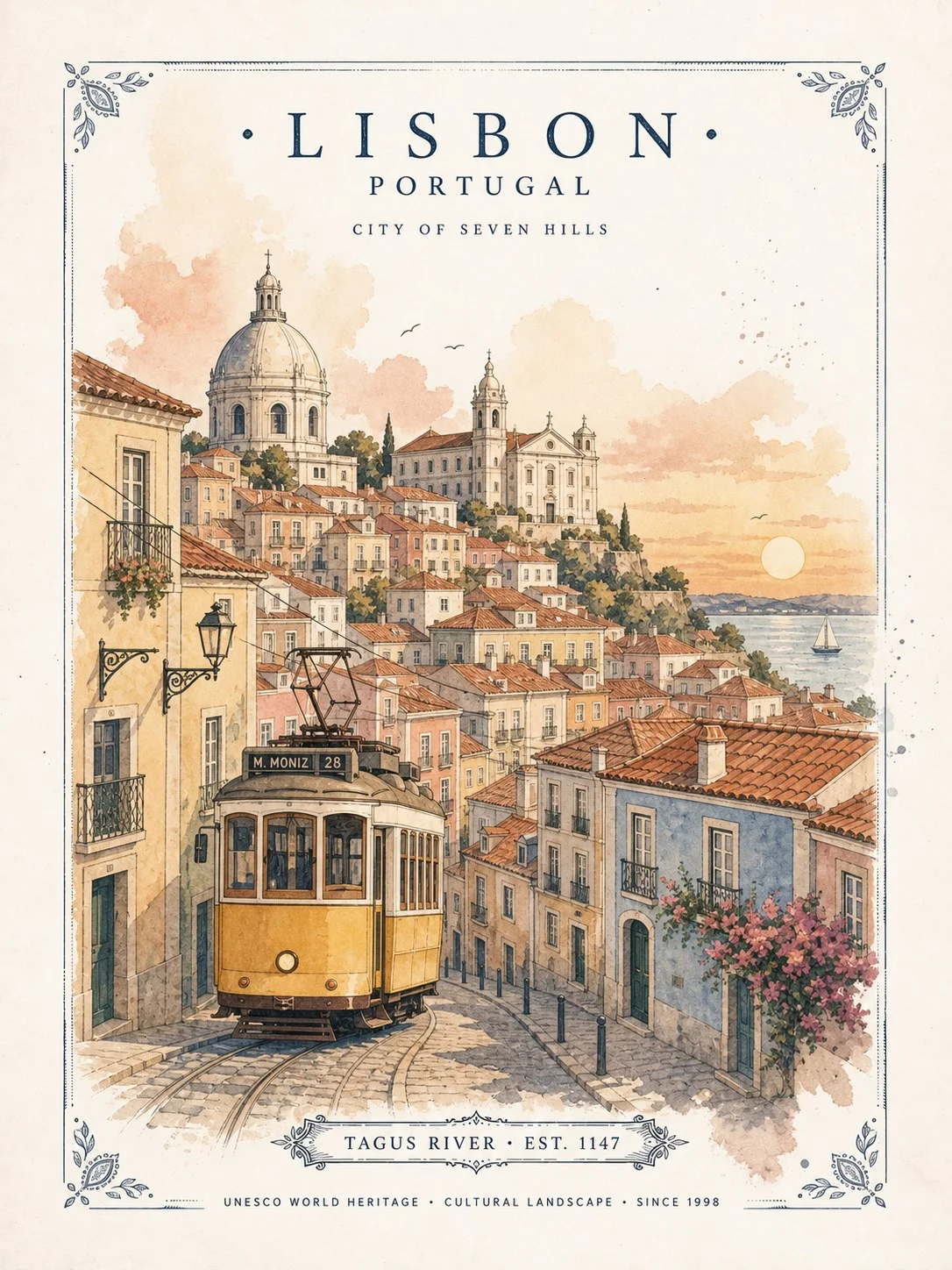 Ilustración de cartel de viaje con IA de Muse Image de Lisboa, Portugal